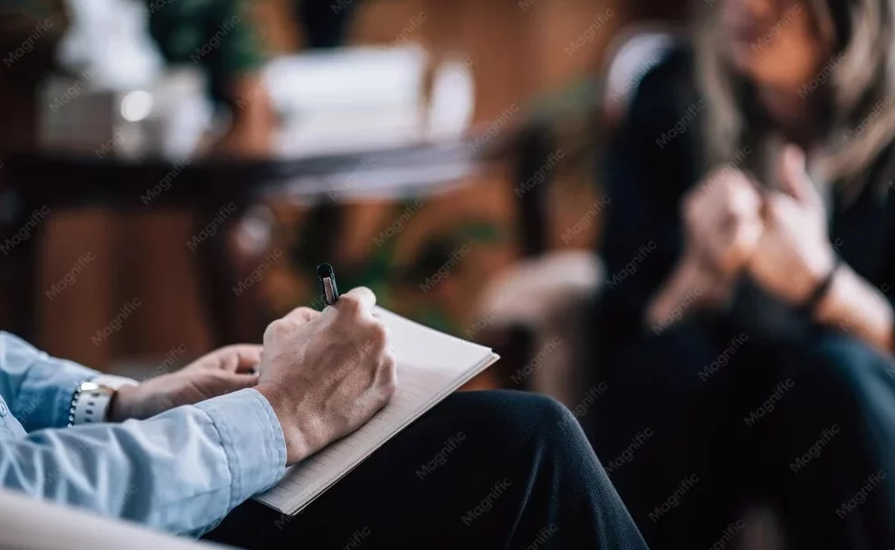Clinician taking notes during an assessment session